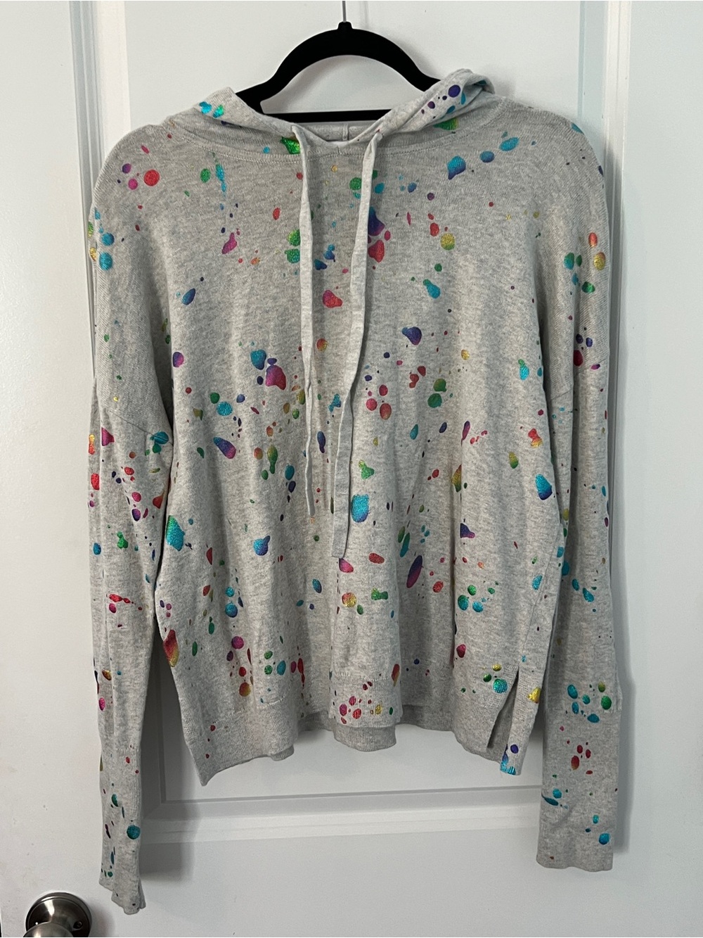 Society Gray Crewneck Hoodie Sweater with Multicolor Paint-Splatter